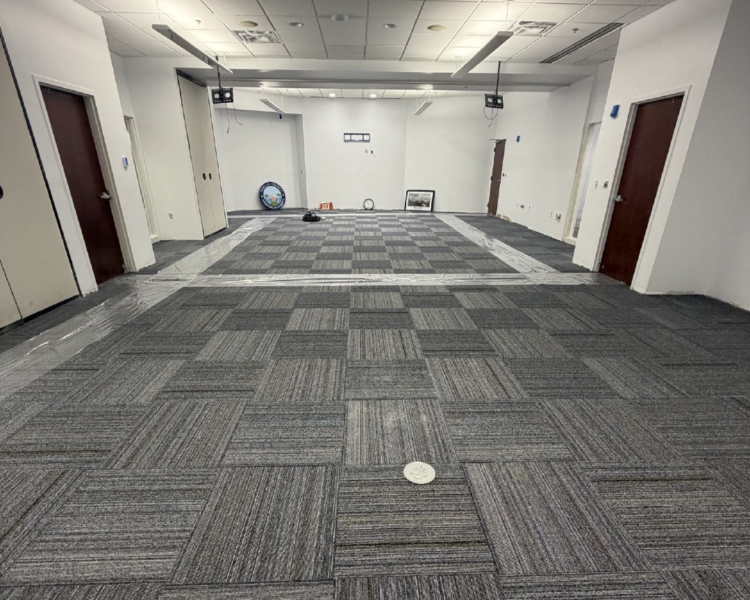 Commercial interior project with newly installed carpet tiles
