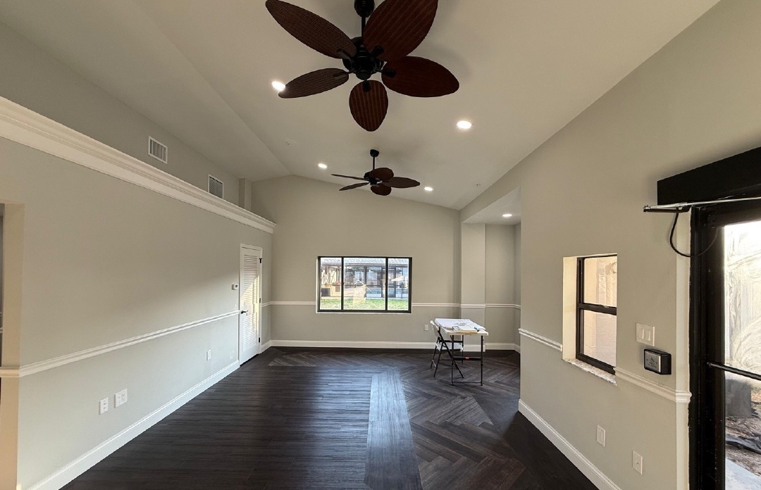Completed interior renovation with flooring, lighting and finish work